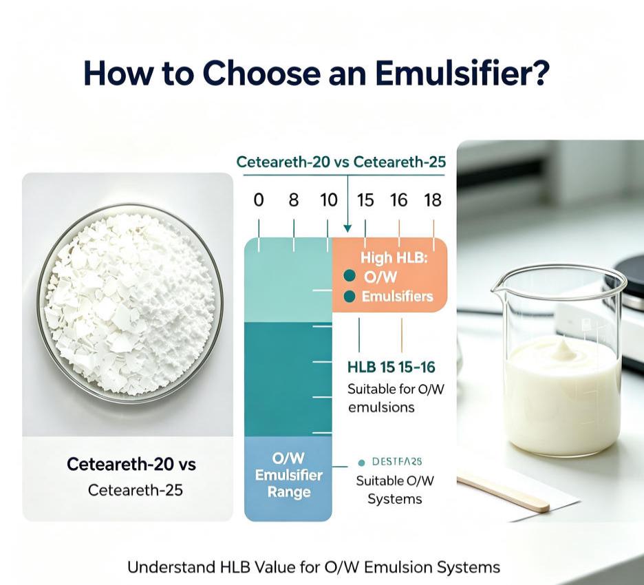 ¿Cómo elegir un emulsionante? ¿Ceteareth-20 o Ceteareth-25? Para emulsiones O/W, primero hay que entender el valor HLB.